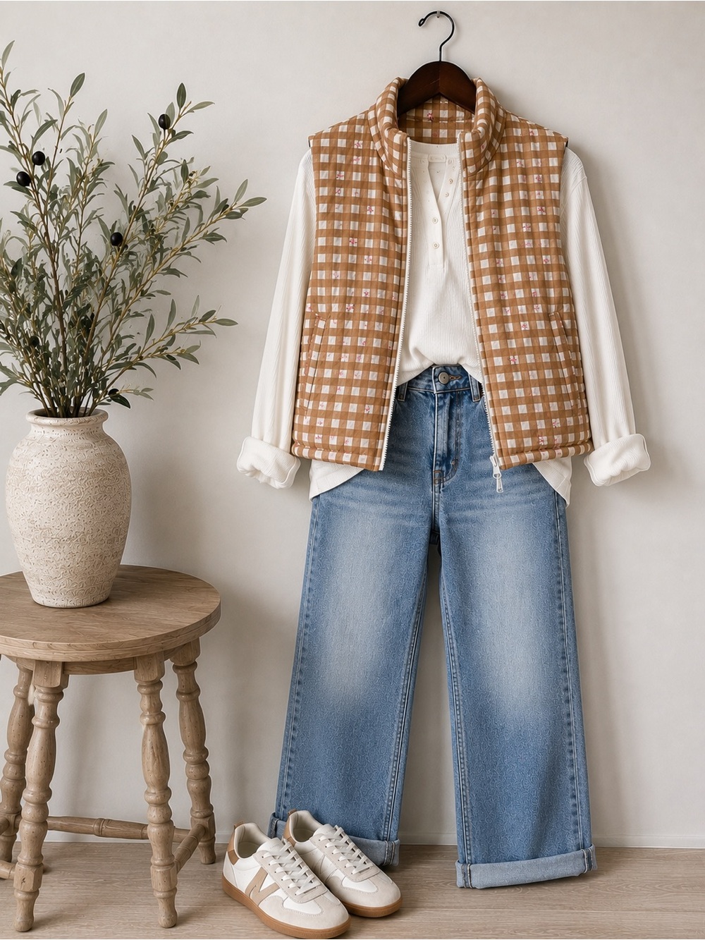 Love, Fire Gingham Floral Puffer Vest | Tan Cream | Medium
